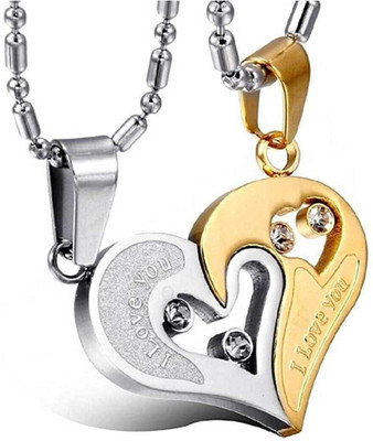 Diivine Hindu Valentine special Couple Special Lovers Heart I Love You Engraved Rhodium Stainless Steel Pendant Set
