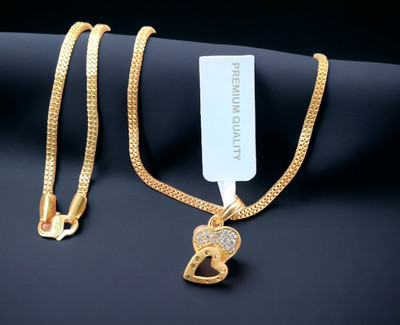 DIVS FASHION DOUBLE HEART DIAMOND PENDANT WITH CHAIN Gold-plated Brass Pendant Set