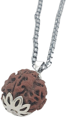 HAPPY CREATION Natural & Real 5 Mukhi Rudraksha Five Face Rudraksha Paach Face Rudraksh Silver Beads Brass, Wood Locket Set