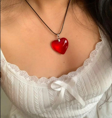 Teeragaj Red Heart Cord Choker Necklace Glass Pendant
