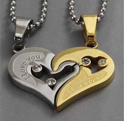 Astrootalk Valentine special Couple Special Lovers Heart I Love You Engraved Rhodium Stainless Steel Pendant Set