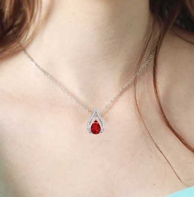 Utkarsh Silver AD Nug Tear Drop Emerald Cut Red Diamond CZ Necklace Pendant Locket Chain Stainless Steel Pendant Set