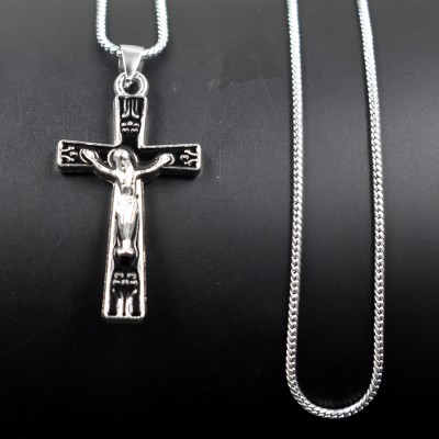 AFH Lord Jesus Holy Cross Black Religious Snake Chain Pendnet for Men and Women Metal Pendant