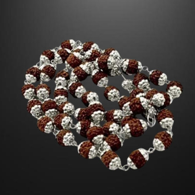 Fine Creation 5 Mukhi Shiva God rudraksha mala Silver Plated Long Chain Cap Mala Silver Beads Brass, Alloy Pendant Set