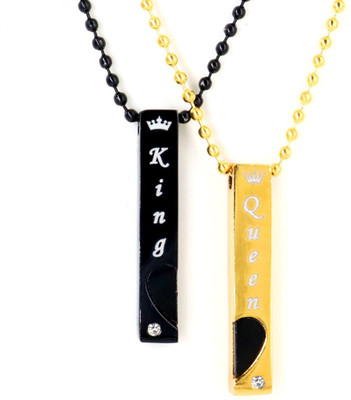 VIANSH 3D Vertical Black And Gold Bar Heart Design King & Queen Couple Bar Pendant Rhodium Metal, Alloy Locket Set