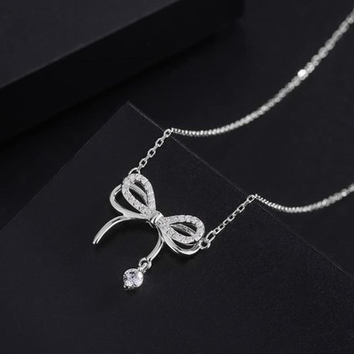glamourgeekstudio Elegant Bow Pendant Necklace Cubic Zirconia, Crystal Silver, Rhodium Plated Stone, Alloy Necklace