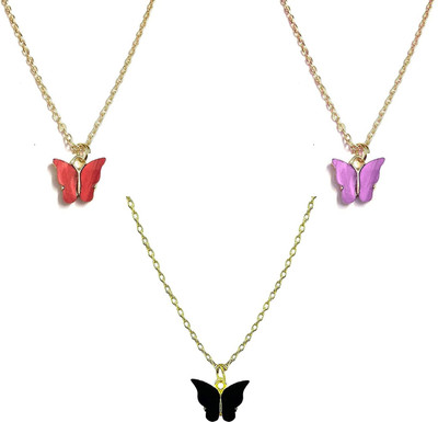 RVM Jewels Gold Chain Plated Black Purple Red Butterfly Pendant Necklace Combo / Set of 3 Alloy