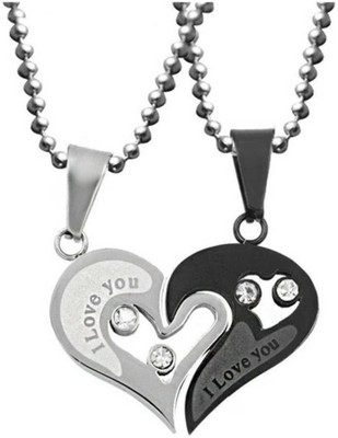 MURLIWALAA 2pcs His and Hers Heart-shape I Love You Couple Locket Metal Pendant Set Rhodium Alloy Locket Set