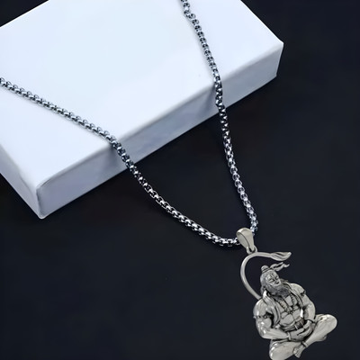 Temora Hanuman Silver Pendant Locket With Stainless Steel Chain for Men Silver Steel, Alloy, Brass, Silver Locket Set