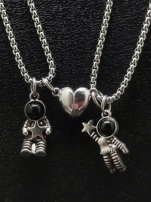 KURMASHOP Necklace For Couples Magnet Necklaces Mutual Attraction Magnetic Spaceman Silver Zircon Stainless Steel Pendant Set