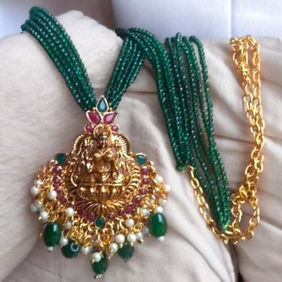 NANDANA COLLECTIONS New Green Lakshmi Pendants HYDRO Crystal 5 Lines chain Daily Wear Necklace Alloy Pendant Set