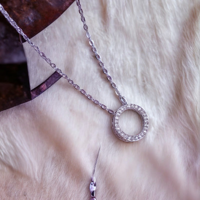 VATIYAANA Silver-Plated Hollow Round Pendant for Women & Girl Anniversary, Birthday Silver Cubic Zirconia Stainless Steel Pendant