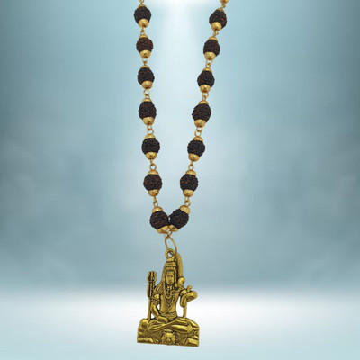 Fine Creation Most Beautiful Bhagwan Shiv 5 Mukhi Rudraksha 5 Mukhi Rudraksha Mala Gold-plated Beads Brass, Wood Locket