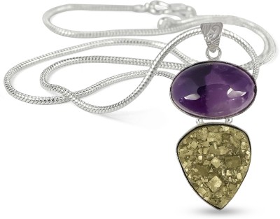 REIKI CRYSTAL PRODUCTS Natural Amethyst Pyrite Oval Shape Pendant with Metal Chain for Unisex Amethyst, Agate, Crystal Stone Pendant