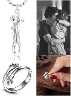 De-Ultimate X000005 Couple Hugging Hand Hug Me Thumb Finger Ring And Locket Pendant Necklace Stainless Steel Pendant