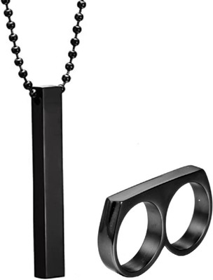 Vivity Black Double Finger RIng & 3d Vertical Name Bar Pendant Combo Black Silver Alloy Pendant Set