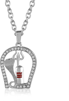 RN Brass Silver Plated CZ Nag and Trishul, Mahadeva Bholenath Shiva, Hindu god Chain Pendant Locket for Men and Women Silver Cubic Zirconia Brass Pendant