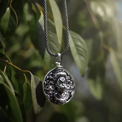 SAIIZEN Saizen Men's Silver Plated Chain with Hanuman Pendant Silver Stainless Steel Pendant Set