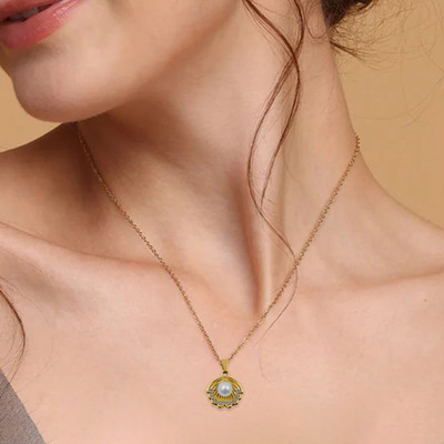 Pundriksh Golden Stainless Steel Anti-Tarnish Shell with Pearl Cubic Zirconia Pendant Gold-plated Cubic Zirconia Stainless Steel Pendant