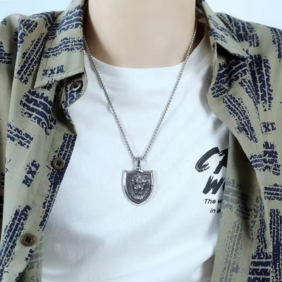 Heer Collection Fashion Jewellery Shield Pendant Gift for Men King Of Lion Pendant Necklace Stainless Steel Pendant Set