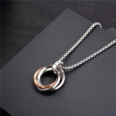 ringzinnie Stainless Steel Black & Silver Interlocked Circle Pendant Chain Rhodium Agate Stainless Steel, Steel Locket
