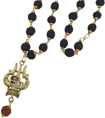 Guruji Gems & Jewellery Most Beautiful Shiv Trishul OM Dotted Locket Pendant With 5 Mukhi Rudraksha Mala Gold-plated Beads Brass, Wood Locket