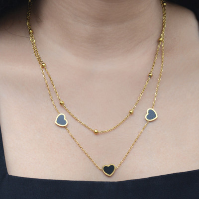 ARTKLIM Artklim Gold Plated Double Layered Black Heart Pendant Necklace Gold-plated Stainless Steel Pendant