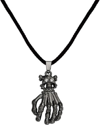 M Men Style Biker Jewellery Viking Skull Head With Hand Pendant Chain Rhodium Stainless Steel, Cotton Dori Pendant