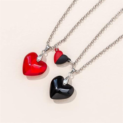 TREND MILL Crystal RedBlack Heart Mutual Attraction Magnetic Heart Couple Necklace Pendant Platinum Crystal Alloy, Brass Locket Set