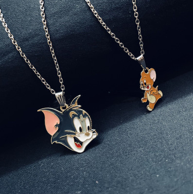 Riingzinee Romantic Couple Tom & Jerry Dual Pendant Locket Necklace With Clavicle Chain Silver Stainless Steel Pendant Set