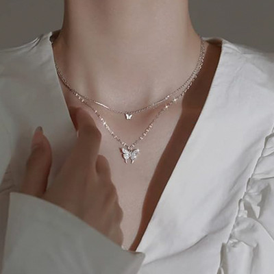 The Glitz Gallery Stylish Double Layer Necklace for Girls & Women Sterling Silver Stainless Steel