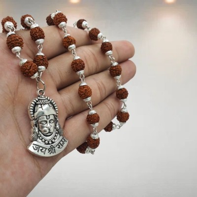 LOTUS Store Panchmukhi Rudraksha Mala with Hanuman Ji Pendant for Men Women Boys Girls Silver Beads Brass, Wood Locket Set