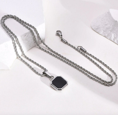 JS Enterprises Geometric Black Stone Pendant for Men and Women Hip Hop Pendant Necklace Silver Stainless Steel Pendant