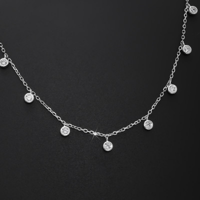 Tweov Round Brilliant Cut Cubic Zirconia Studded Pendant Chain Necklace Rhodium Sterling Silver Pendant