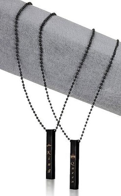 JS Enterprises Stylish Black 3D Vertical Bar King Queen Stick Pendant Necklace Silver Rhodium Stainless Steel Pendant Set