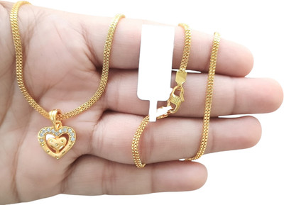 SAPNAPALACE HEART DIMONDS PENDANT WITH 2 LINE CHAIN 24INCH Gold-plated Brass Pendant Set