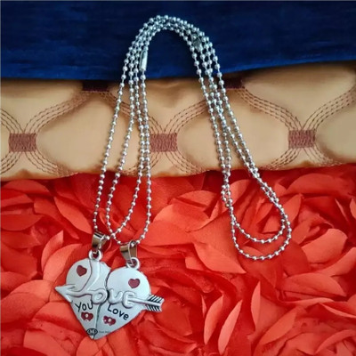 Teeragaj Love You Heart With Arrow Broken Two Half Heart Shape Love Pendant Chain Titanium Cubic Zirconia Stainless Steel Pendant