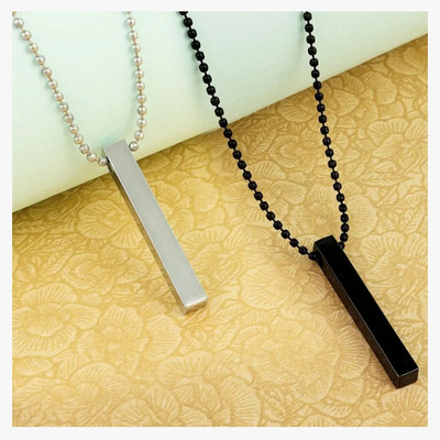 Astrootalk Modern Silver & Black Combo Straight Bar Stick Pendant Ball Chain For Men Women Black Silver Stainless Steel Pendant Set