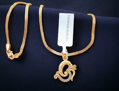 DIVS FASHION GANESHJI WITH OM SHAPED DIAMOND PENDANT WITH CHAIN Gold-plated Brass Pendant Set