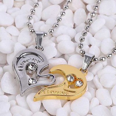Teeragaj Crystal I Love You Pendant, BROKEN HEART LOCKET, Heart Couple Silver Locket Gold-plated, Silver Alloy