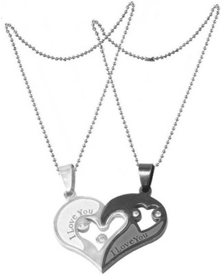 Whitechimes Valentine's Day Special Heart Locket Pendant Necklace With Chain For Boy & Girl Silver Crystal Metal Pendant Set