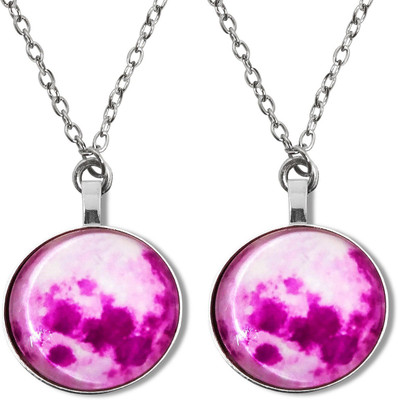 Utkarsh Set Of 2 Glow In the Dark Pink Moon Dome Lunar Eclipse Pendant Locket Necklace Stainless Steel Locket Set