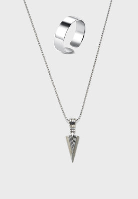 Vivity High Polished The Black Arrow Pendant Heavy Chain Stylish And Silver Ring Combo Alloy Pendant Set