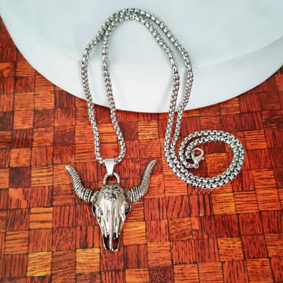 Sullery Biker Jewelry Gothic African Tribe Style Bull Head Skull Pendant Necklace Sterling Silver Stainless Steel Pendant