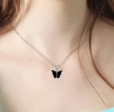 Riingzinee Black Valentine's Day Butterfly Charm Pendant Locket Necklace Clavicle Chain Stainless Steel Pendant Set
