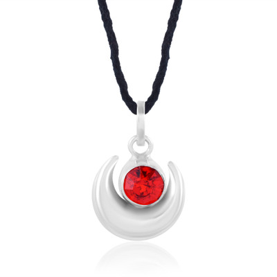morir Silver Plated Half Moon Shape Round Cut Red Ruby CZ Solitaire Chand Moti Locket Silver Cubic Zirconia Brass Pendant