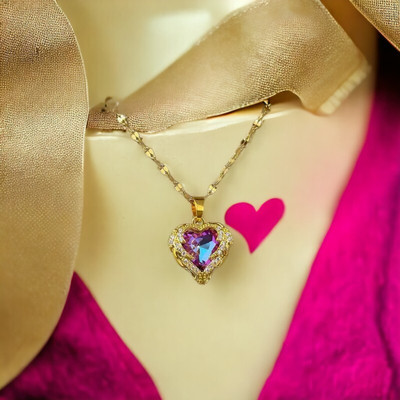 Agarwalproduct Love Heart Crystal Necklace Titanic Heart Necklace stainless Steel Chain Silver Alloy Locket Set