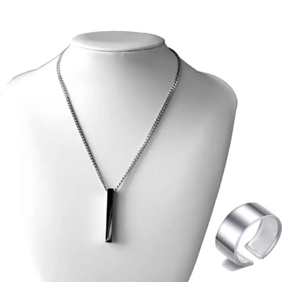 Vivity 3D Vertical Bar Pendant Cuboid Stick Korean Necklace Long Chain and Ring Combo Silver Alloy Pendant