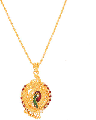 memoir Brass Gold plated CZ meenakari Peacock design chain pendant necklace Gold-plated Cubic Zirconia Brass Pendant
