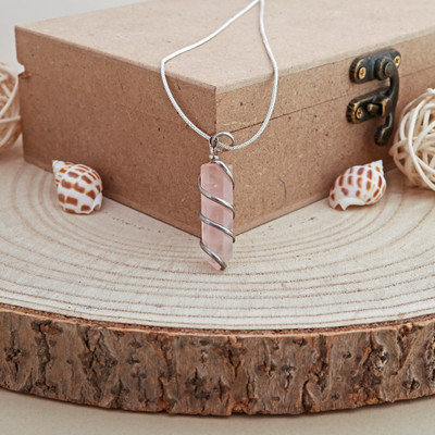 EXCEL Pink Rose Quartz Silver Wire Wrapped Pendant Crystal Stone Pendant